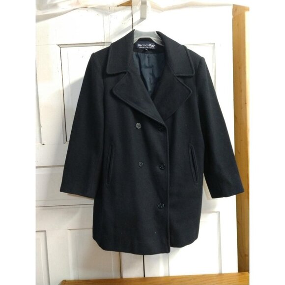 Herman Kay Womens Wool Blend Peacoat Size M Double-Breasted Black - Picture 1 of 7